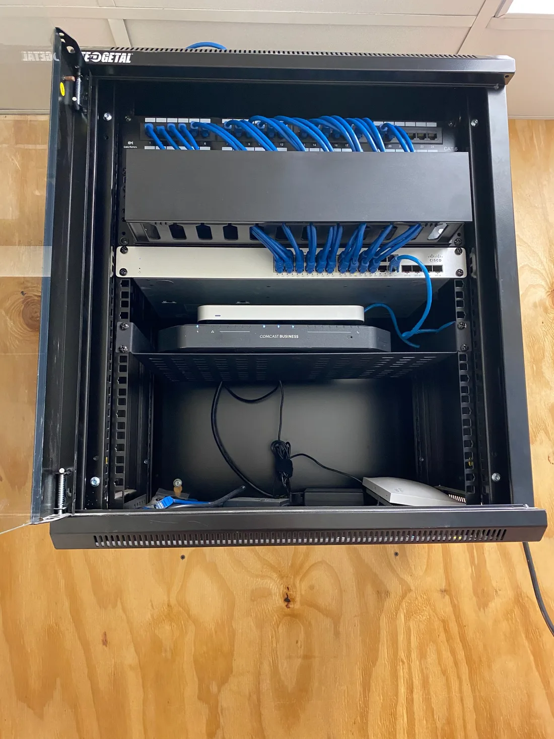 Completed rack with patch panel and switch